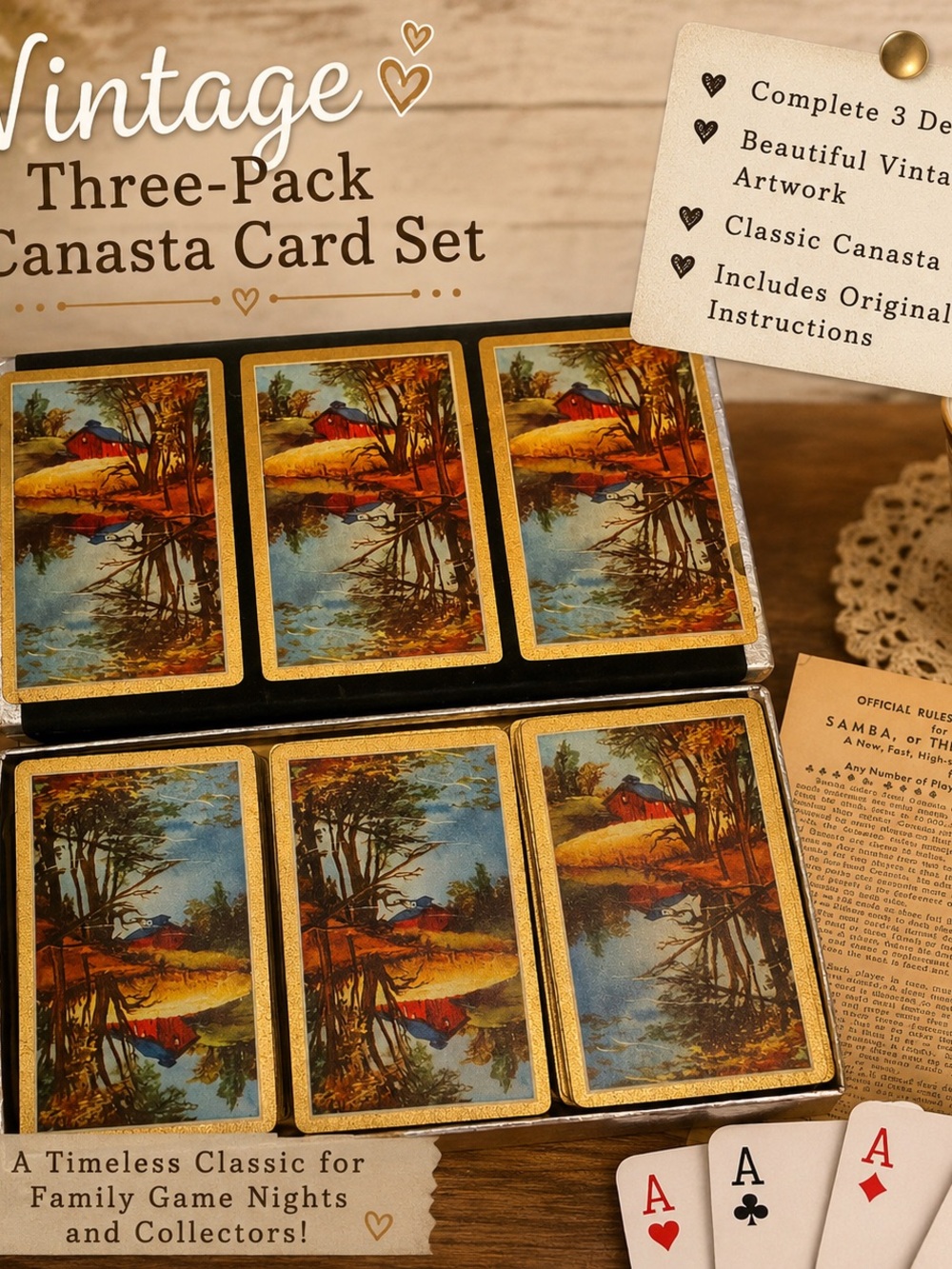 Source Unknown Vintage Three-Pack Canasta Card Set - Gold, Blue, Red, Brown